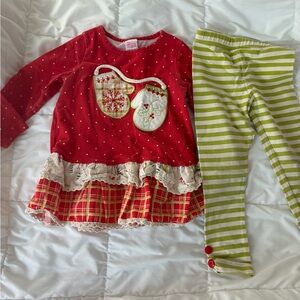 Charming Holiday Kids Set with Red Top and Green Striped Leggings